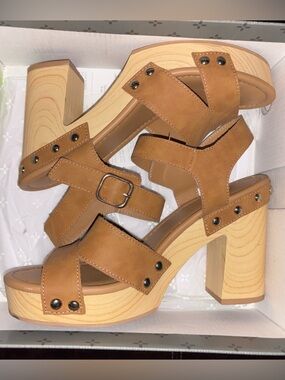Sun + Stone Tan Studded Platform Block Heels
